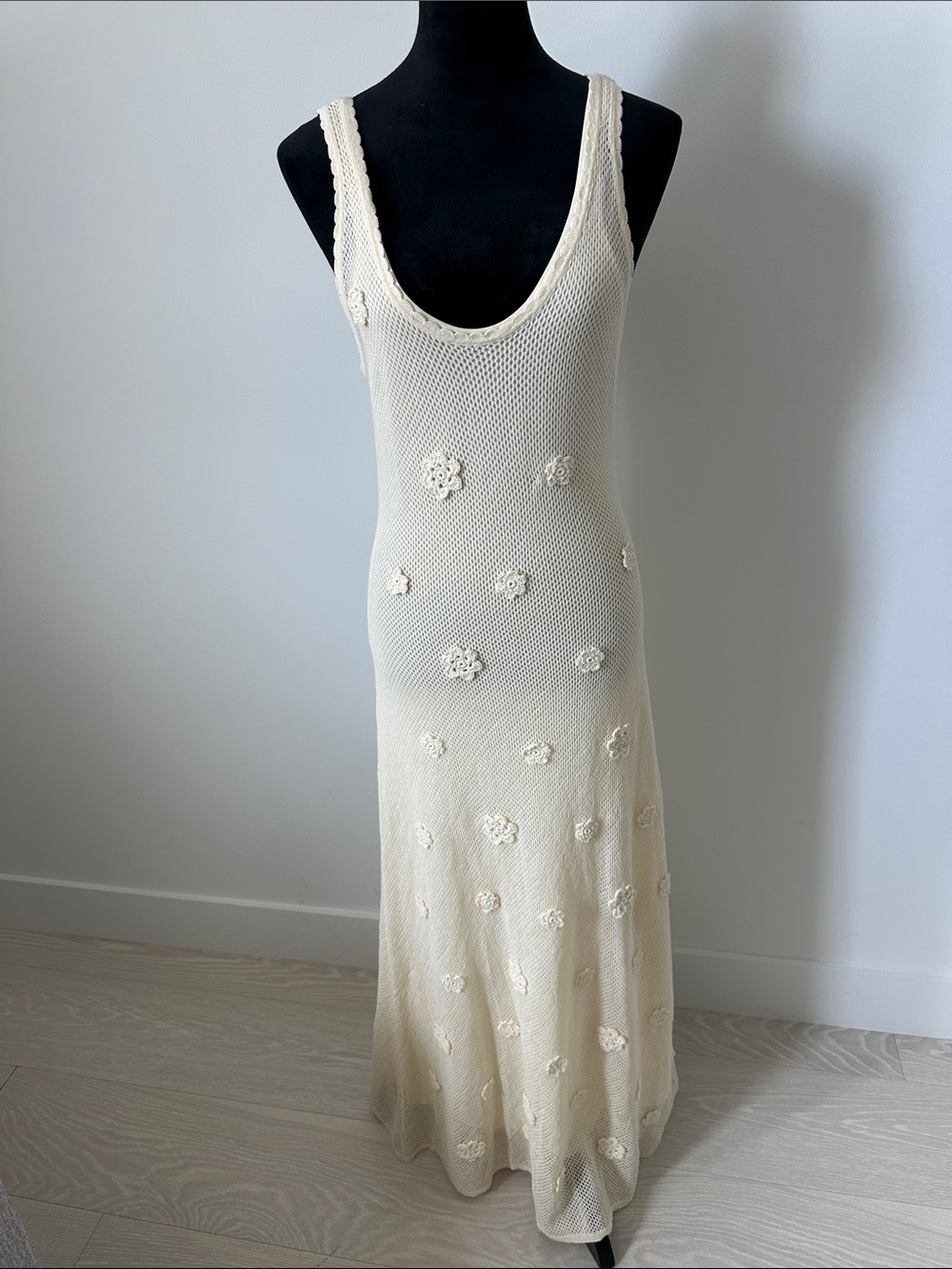 Sandro Cream Bouquet Floral Appliqué Crochet Knit Maxi Dress